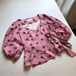KRISTINIT pink polka dot puff sleeve wrap blouse